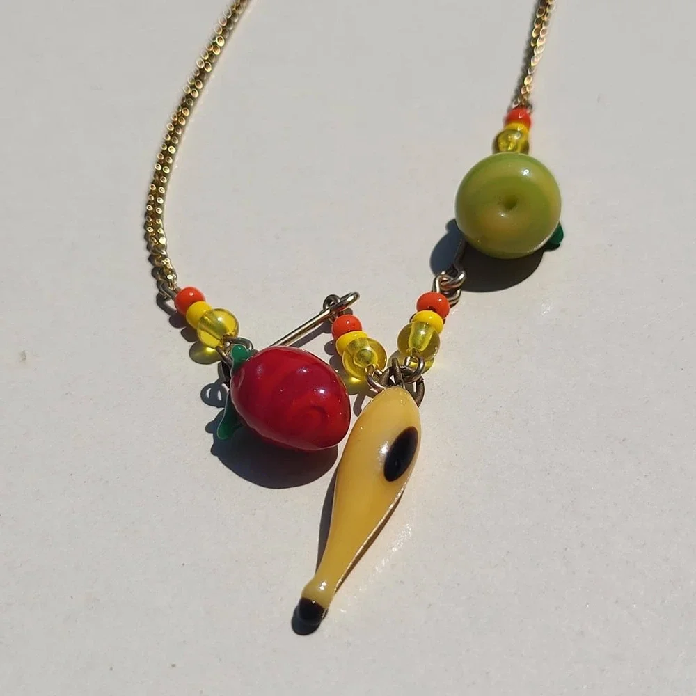 Vintage Glass Bead Fruit Necklace Gold Tone Banana Apple Charms
